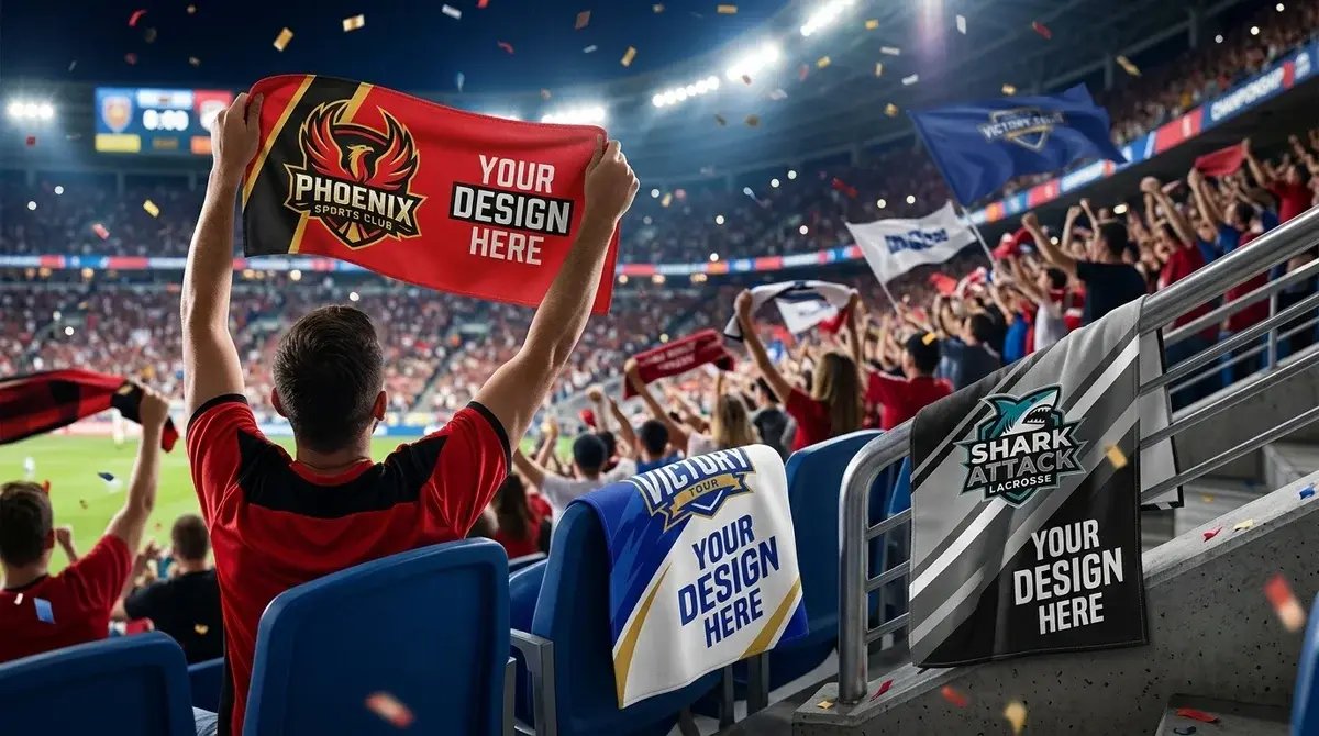 Fans waving custom full color rally towels at a stadium - Rally Towels